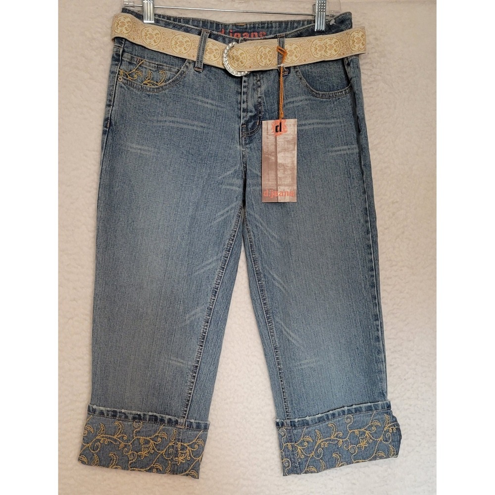 d. jeans Light Blue Cropped Jeans with Cream Embroidered Cuff and Belt